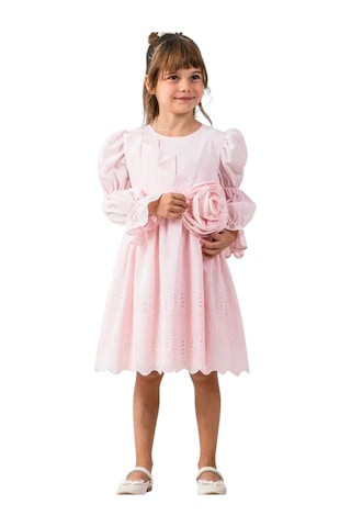İrem Çocuk Giyim Kız Çocuk Çiçek Detaylı Balon Kol Model Etek Uçları Güpür Detaylı Astarlı Pembe Renk Midi Boy Elbise Pembe