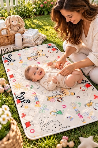 Yıkanabilir Bebek Alt Açma Pedi - Sıvı Geçirmez Kapitoneli Bakım Örtüsü, Pamuklu 50x70 Safari Desen