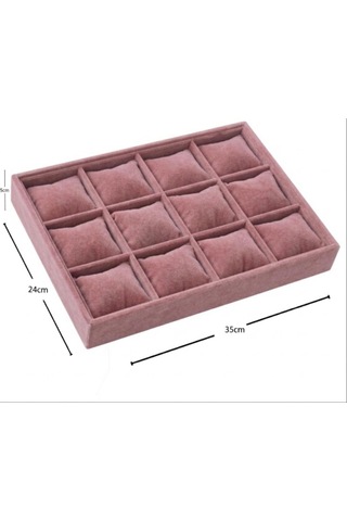 12 Bölmeli Ahşap Üzeri Baby Face Kumaş Saat Ve Takı Standı - Organizeri Ebat 35x24x5 Cm Açık Pembe