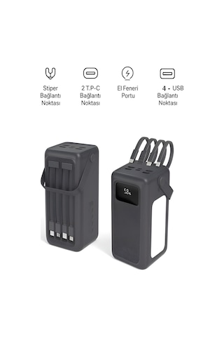 50000mah 22.5w Hızlı Şarj 4xusb 1xtype-c 1xmicro Led Işıklı Dahili Kablolu Çoklayıcı Powerbank Koyu Gri