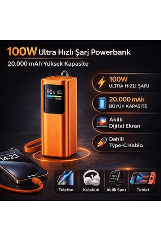 100w Ultra Hızlı Şarj Powerbank 20000 Mah Pd 3.0 Type-c Dahili Kablolu Laptop Telefon Tablet Uyumlu Tft Ekran Taşınabilir Power Bank Turuncu