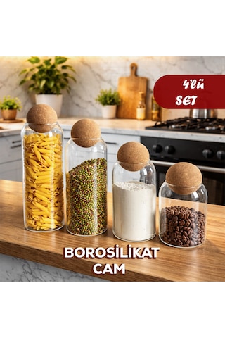 Porsima 4lü Ahşap Mantar Top Kapaklı Borosilikat Cam Kavanoz Seti Şekerlik Çerezlik Baharatlık Ve Saklama Kabı Renksiz