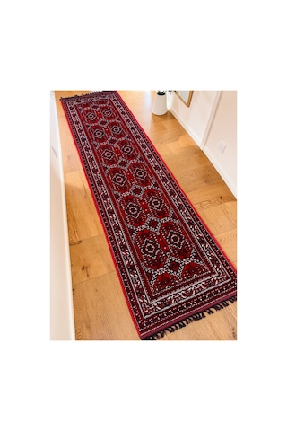 Afgan Desenli Makine Dokuma Kilim Etnik Otantik Anadolu Saçaklı Koridor Kaymaz İnce Halı Bordo-lacivert Bordo-lacivert