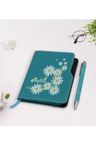 Kişiye Özel Papatya Temalı Turkuaz Termo Deri Defter Kalem Seti-1 N11.4152