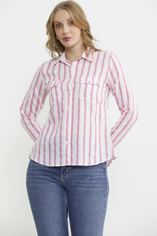Cep Detaylı Çizgili Gömlek - Fuşya Fuşya