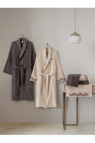 Cotton Box Puff Nakışlı Aile Bornoz Seti Molende Bej-antrasit Antrasit Bej