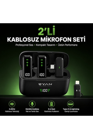 Kablosuz Yaka Mikrofonu 2'li Type-c & Lightning Uyumlu Şarj Kutulu Gürültü Azaltmalı İphone & Android Airmic Pro Ry-wm02