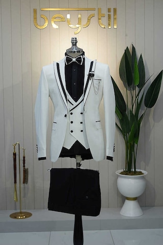 Bys Beystil Erkek Beyaz Slimfit Yelekli Damatlık & Smokin 8601