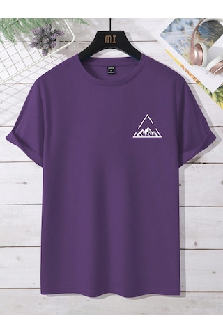 Üçgen Dağ T-shirt - Mor Baskılı Oversize Bisiklet Yaka Kısa Kol Tişört Mor