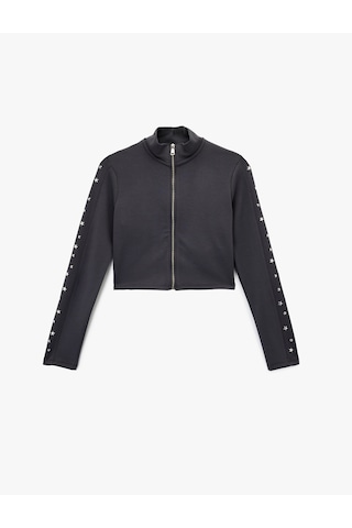 Koton Slim Fit Fermuarlı Uzun Kollu Dik Yaka Yıldız Ve Zımba Detaylı Crop Hırka Antrasit 6wak30120ek Antrasit