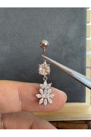 %100 316 L Cerrahi Çelik Markiz Kesim Parlak Taşlı Özel Tasarım Çelik Göbek Piercingi Gümüş