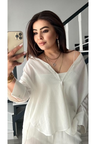 Beyaz Kendinden Dokulu Gömlek - Pantolon Takım Beyaz