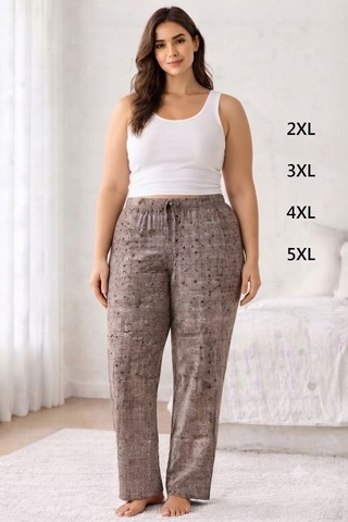 Viskon Pamuklu Kadın Büyük Beden Gri Desenli Pijama Pantolon - Mgb011 - Mudanis