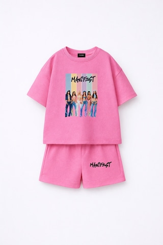 Fasardi Manifest Girls M6nifestgirls Baskılı Oversize %100 Pamuk Tişört Şort 2li Çocuk Takım Pembe