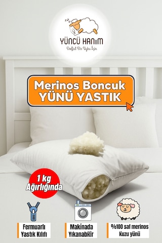 %100 Doğal Merinos Boncuk Kuzu Yünü Dolgulu Yastık 50 X 70 Cm Ebat 1000 Gram Beyaz