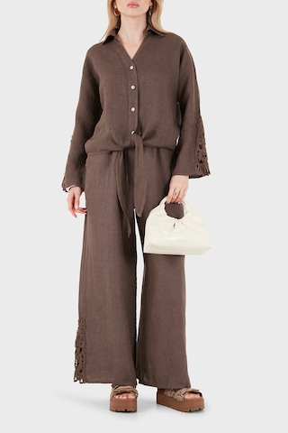 Via Dante Relaxed Fit Güpür Detaylı Uzun Kollu Keten Gömlek Bayan Gömlek 699e31842 Kahve