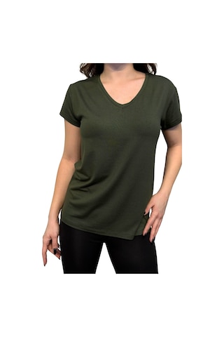 Thiff Gymwear Kadın Kısa Kollu V Yaka Basic Tişört T-shirt Haki