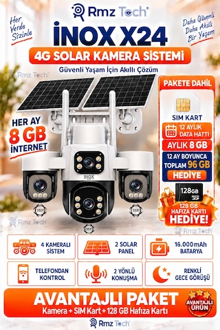 İnox X24 Sim Kartlı, 4 Kameralı , Güneş Enerjili, Solar Panelli Kamera, Aylık 8 Gb 1 Yıllık Sım Kart