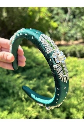 Tasarım El Yapımı El İşlemeli Yeşil Saten Gümüş Nakış İşleme Abiye Kına Nişan Saç Aksesuarı Taç Yeşil