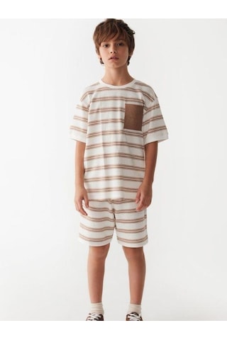 Nk Kids Çocuk Çizgili Triko Cepli T-shirt-14003-kahverengi Kahverengi