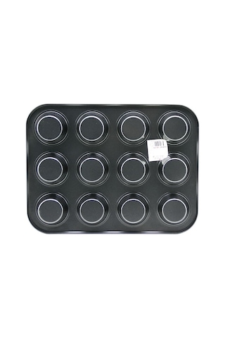 12 Gözlü Metal Muffin Kek Kalıbı - Siyah Düz Renkli