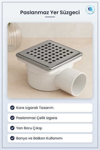 Paslanmaz Yer Süzgeci Banyo Balkon Drenaj Kare Izgaralı Tıkanmaya
