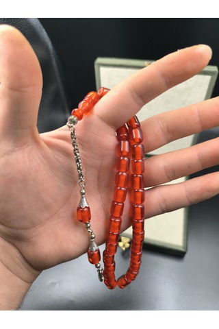 Osmanlı Benzetme Sıkma Kehribar Tesbih Ateş Kırmızısı, 9x10 Mm Gümüş