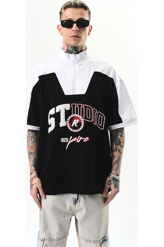 Respire Erkek Studio Nakışlı Yarım Fermuarlı Oversize T-shirt Siyah