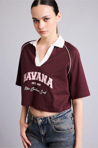 Defacto %100 Pamuk Oversize Kontrast Polo Yaka Baskılı Crop Tişört I6806ax26aubr2 Bordo-br2