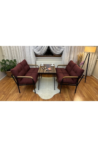 Modern Van Balkon, Bahçe, Cafe - Metal Kanepe Koltuk Takımı 2+2 +masa Takım Bordo