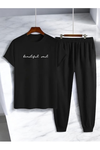 Uyguntarz Unisex Beatiful Soul Tasarım Basklı Tshirt Eşofman Takımı Siyah