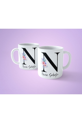 Çiçekli N Harfli İsimli Baskılı Kupa Bardak