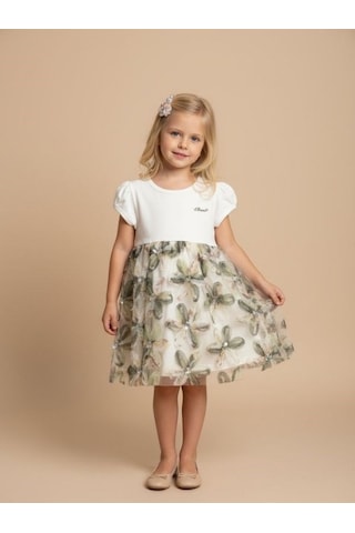 Zekids Kız Çocuk Çiçek Desenli Elbise-17233 BEYAZ