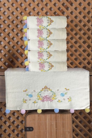 Çeyizlik 6'lı Renkli Ponponlu Çiçek Nakışlı El Yüz Havlusu Seti 50x90 Cm Krem