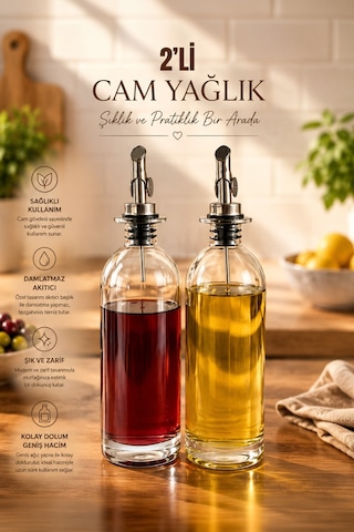 Porsima 3890-1 Gümüş Sızdırmaz Kapaklı Cam 2 Li Yağlık Sirkelik Yağdanlık Seti 500+500 Ml Şeffaf- Gümüş