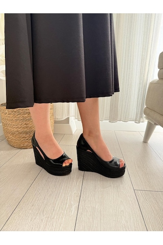 Asmi Shoes Kadın Belon Siyah Kırışık Rugan 11 Cm Platformlu Dolgu Topuklu Ayakkabı Siyah Rugan Kırışık Siyah