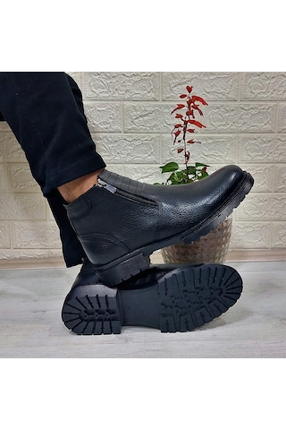 M.p 4204 Siyah Hakiki Deri Bağacaksız Fuspetli Sıcak Astar Erkek Bot 001