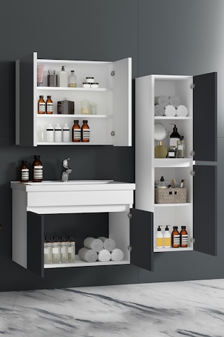 Çiğdem 80+35 Cm Beyaz-füme Balon Mdf Seramik Lavabolu Asma Banyo Dolabı Takımı Beyaz - Inox
