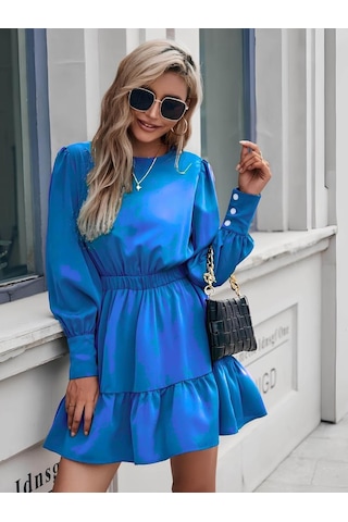Kadın Uzun Kollu Bisiklet Yaka Beli Lastikli Fırfırlı Ithal Krep Elbise Saks Mavi