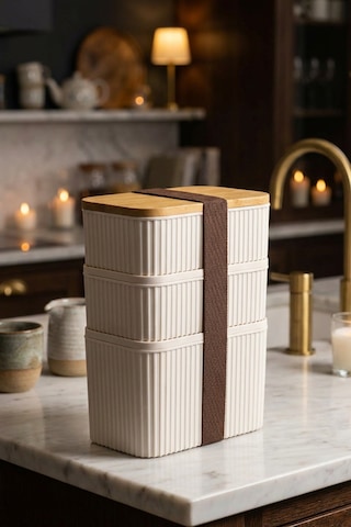 Makri Home 3'lü Bambu Kapaklı Saklama Kabı Seti 1l + 0,5l + 0,5l, Üst Üste Yerleştirilebilir, 21 Cm Yükseklik Krem