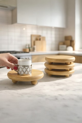 6'lı Doğal Bambu Mini Top Ayaklı Sunumluk Bardak Altı , Kahvaltılık Ve Sunum Standı D
