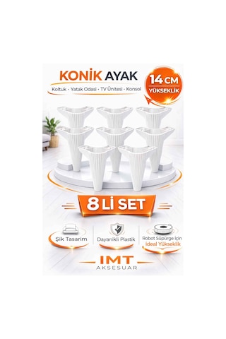 İmt Aksesuar Konik 14 Cm Beyaz Mobilya 8 Adet Ayağı Robot Süpürgeye Uyumlu Koltuk Tv Ünitesi Konsol Ayağı Beyaz
