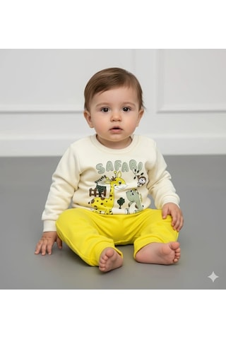 Erkek Bebek Safari Baskılı Alt Üst İkili Gündelik Takım Sari