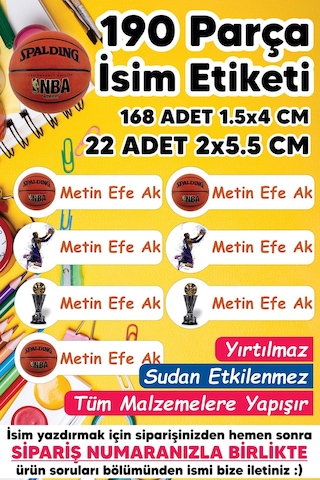 Okul Etiketi Kalem Defter Etiketi Basketbol Temalı Isim Yazılabilen Etiket - 190 Adet
