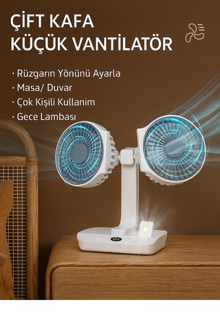 Şarjlı Çift Fanlı Vantilatör Masaüstü Ayarlanabilir Fan Salınım