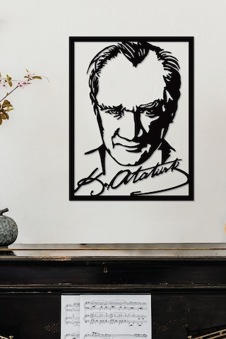 Gowpenart Çerçeveli Atatürk İmza Portre Siyah Metal Duvar Tablosu