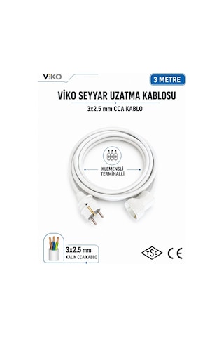 Viko Seyyar Uzatma Kablosu 3 Metre 3x2.5 Mm Cca Kablo Viko Erkek Dişi Fiş Klemensli Terminalli Topraklı Tse Ce Belgeli 3 M