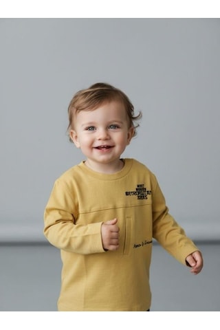 Zekids Erkek Bebek Pamuklu Yazı Detaylı İnce Uzun Kollu T-shirt-16860 Sarı
