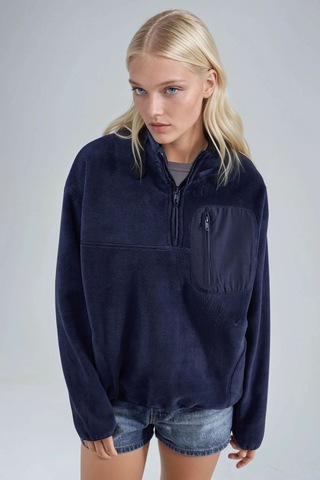 Hiccup Busem Fermuarlı Yakalı Peluş Örme Sweatshirt, Cepli Lacivert