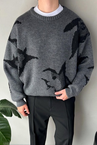 Flaw Animal Desen Bisiklet Yaka Triko Kazak Antrasit-17529 Antrasit